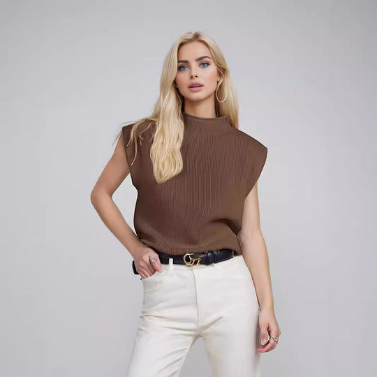 Damen elegantes Rippstrickoberteil mit hohem Kragen EB