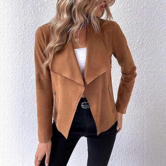 Damen eleganter Kurz-Blazer mit asymmetrischem Schnitt und Reißverschlusstaschen EB