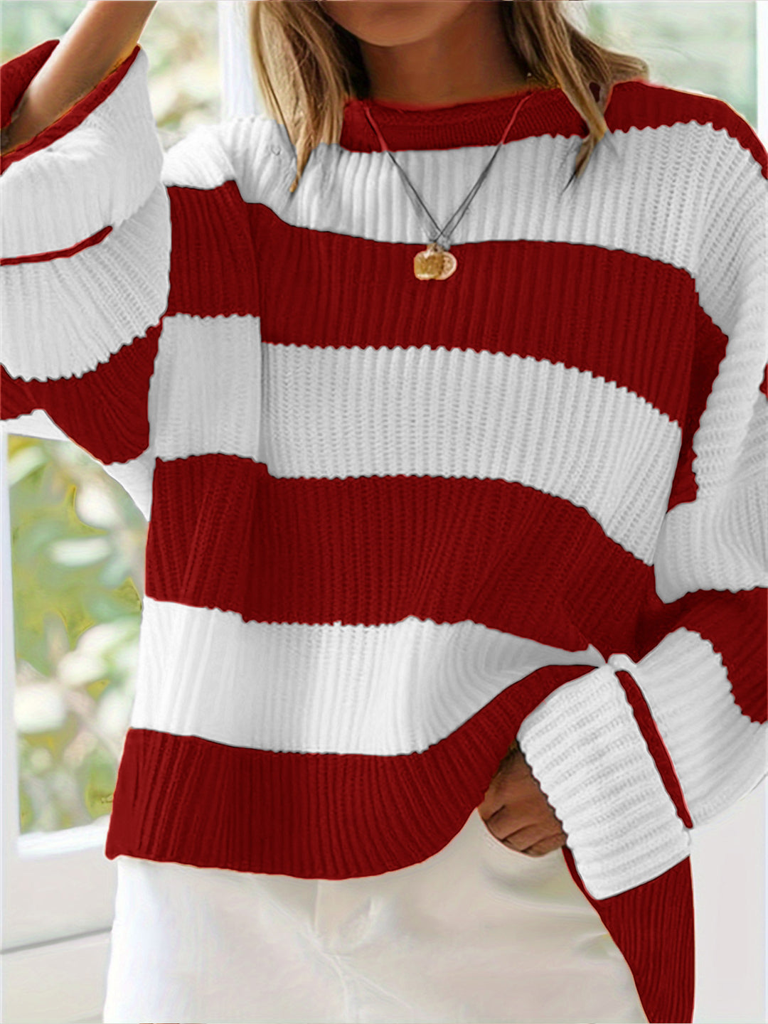 Damen lässiger Strickpullover mit breiten Streifen und lockerer Passform EB