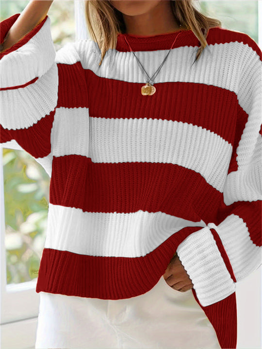 Damen lässiger Strickpullover mit breiten Streifen und lockerer Passform EB