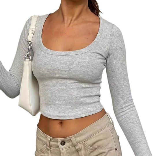 Damen Langarm-Crop-Top mit Rundhalsausschnitt und strukturierter Oberfläche EB