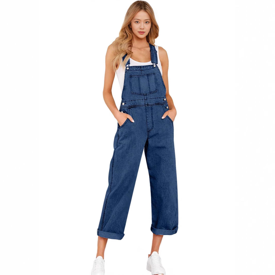 Damen lässige Denim-Latzhose mit praktischen Taschen und weiten Beinen EB