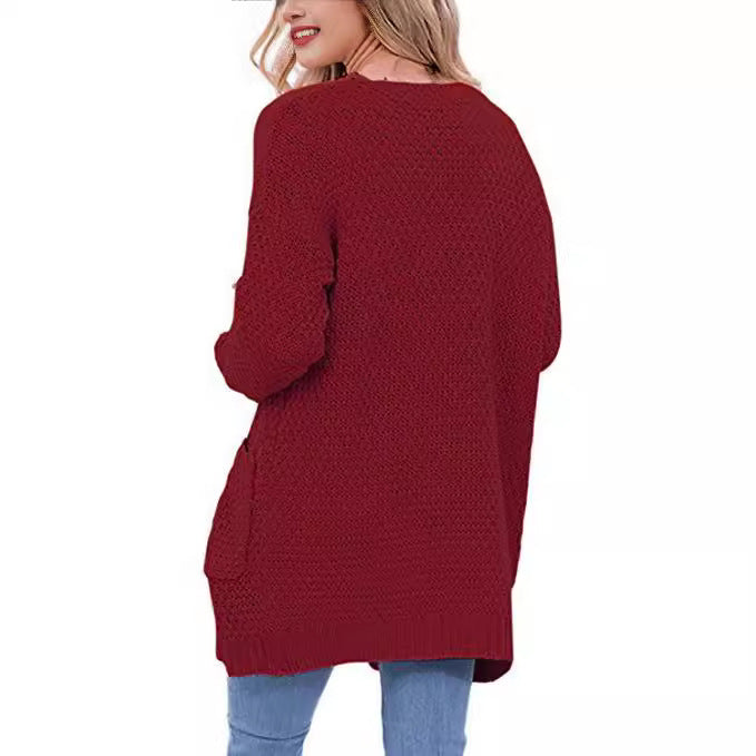 Damen lässige Strickjacke mit großen Taschen und offenem Design EB