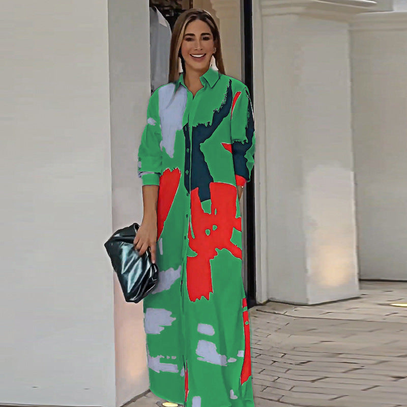 Damen Langarm Hemdkleid im modernen Grafikdesign mit Taschen EB