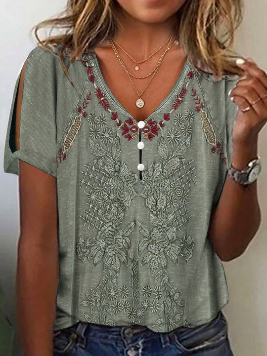Damen Kurzarmbluse mit floralen Stickereien und Knopfdetails EB