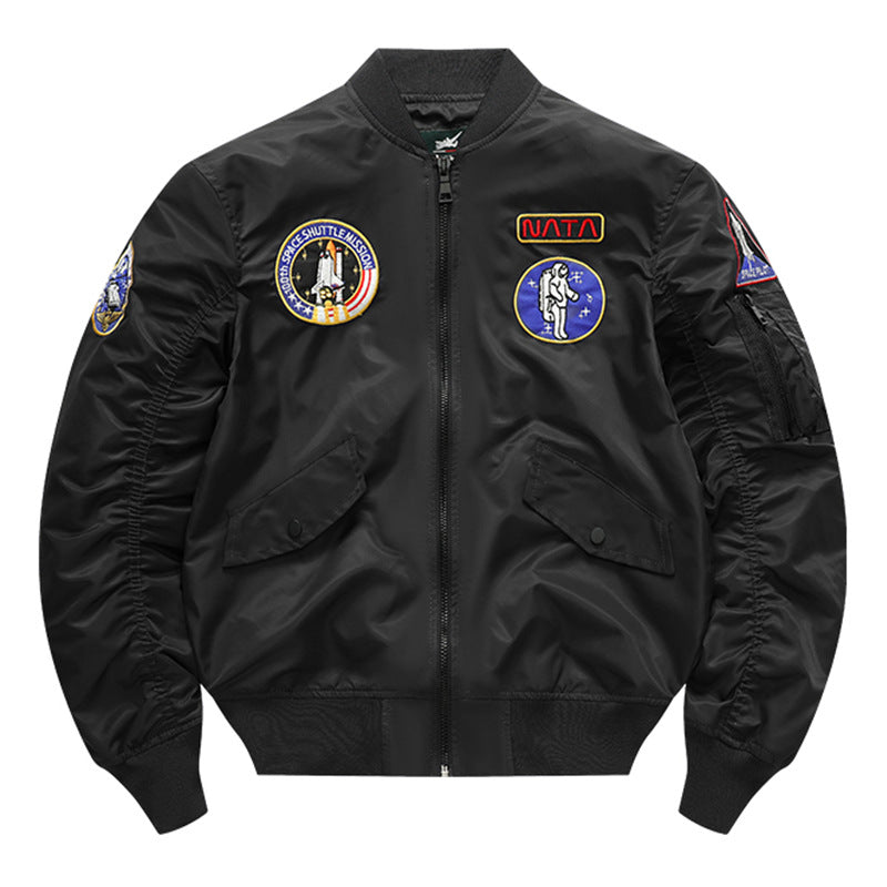 Men's  retro space-mission nylon flight jacket with insulated lining and sleeve zipper pocket EB