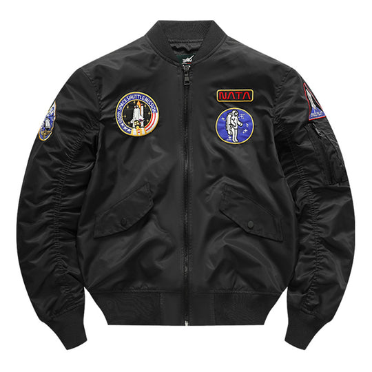 Men's  retro space-mission nylon flight jacket with insulated lining and sleeve zipper pocket EB