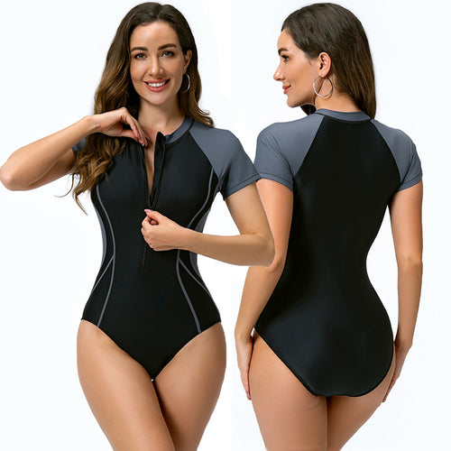 Damen Kurzarm Sportlicher Einteiler Badeanzug EB