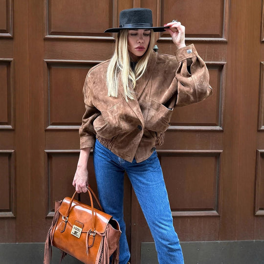 Damen Oversize Wildlederjacke mit modernem Schnitt und praktischen Taschen EB