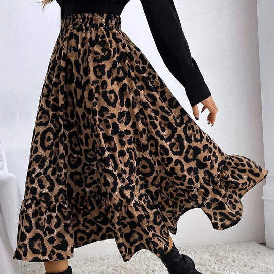 Damen Midikleid mit Volants und Leopardenmuster EB