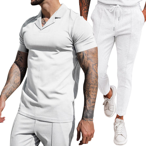 Herren modernes Freizeit-Set mit poloähnlichem Oberteil und schmal geschnittenen Hosen EB