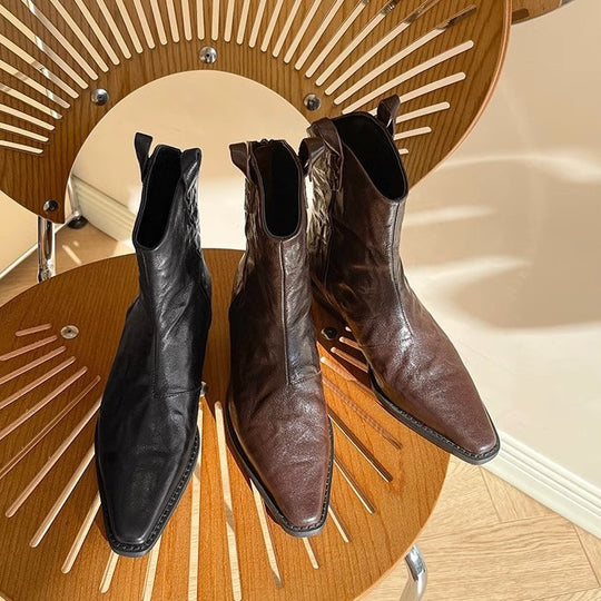 Damen Elegante Ankle Boots mit edler Lederoberfläche und modischem Blockabsatz EB