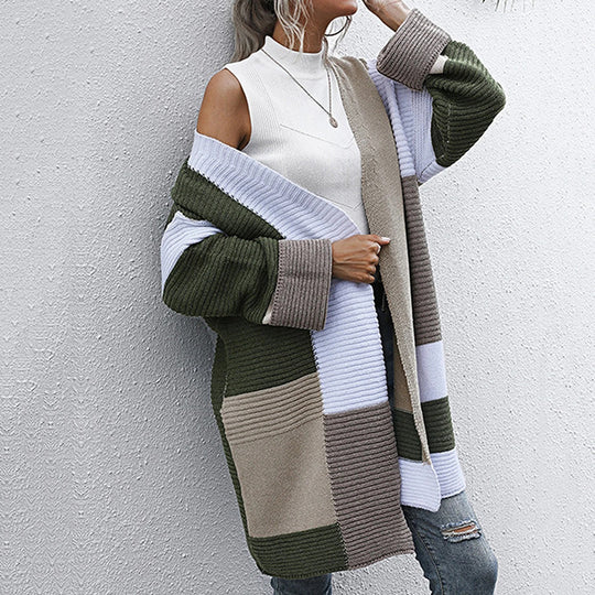 Damen lässige Strickjacke mit geometrischem Muster und offenen Ärmeln EB