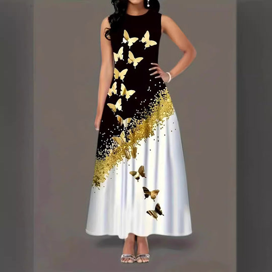 Damen Maxikleid mit buntem Schmetterlingsdruck und fließendem Saum EB