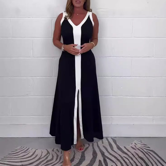 Damen Maxikleid mit tiefem V-Ausschnitt und kontrastierendem Streifen Heidi-Mode