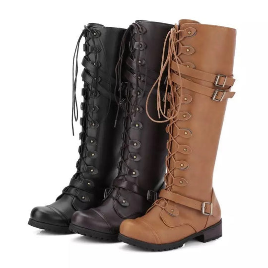 Damen Langer Schnür-Stiefel mit modischen Schnallen und robustem Profil EB