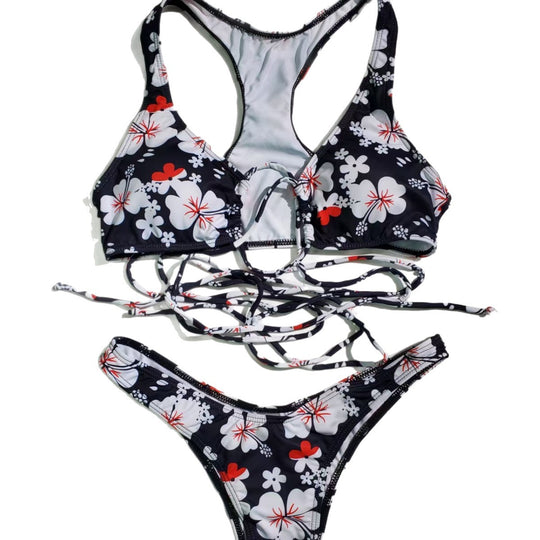 Damen Triangel-Bikini mit aufregendem Schnür-Design und Blumenmuster EB