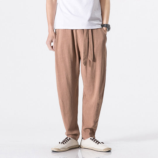 Herren nan entspannte Leinen-Baumwoll Harem-Joggerhose mit verdecktem Tunnelzug und tapered Bein EB