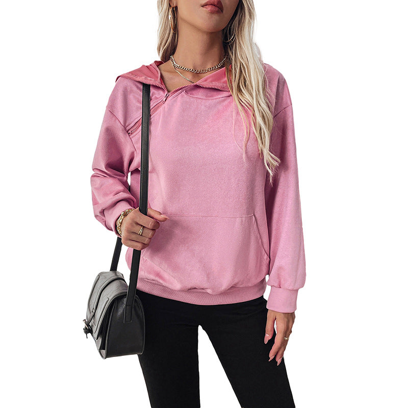 Damen Samt-Hoodie mit Reißverschluss am Kragen und Kängurutasche EB