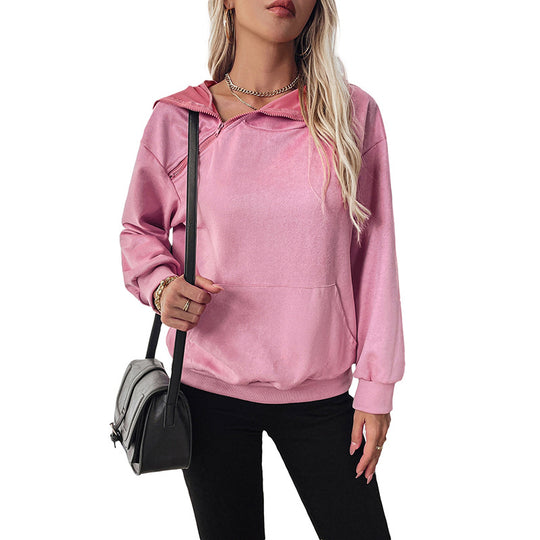 Damen Samt-Hoodie mit Reißverschluss am Kragen und Kängurutasche EB