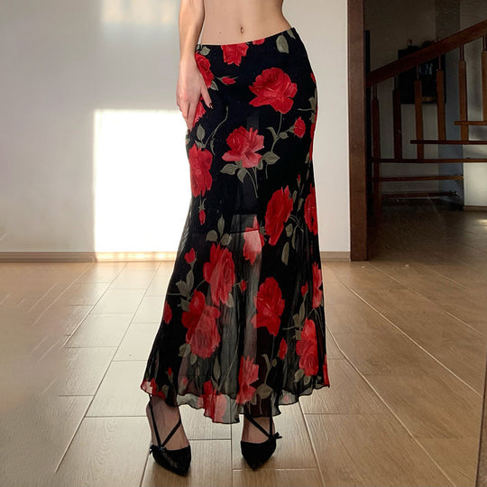 Damen Maxirock mit floralen Mustern und transparenter Spitze EB