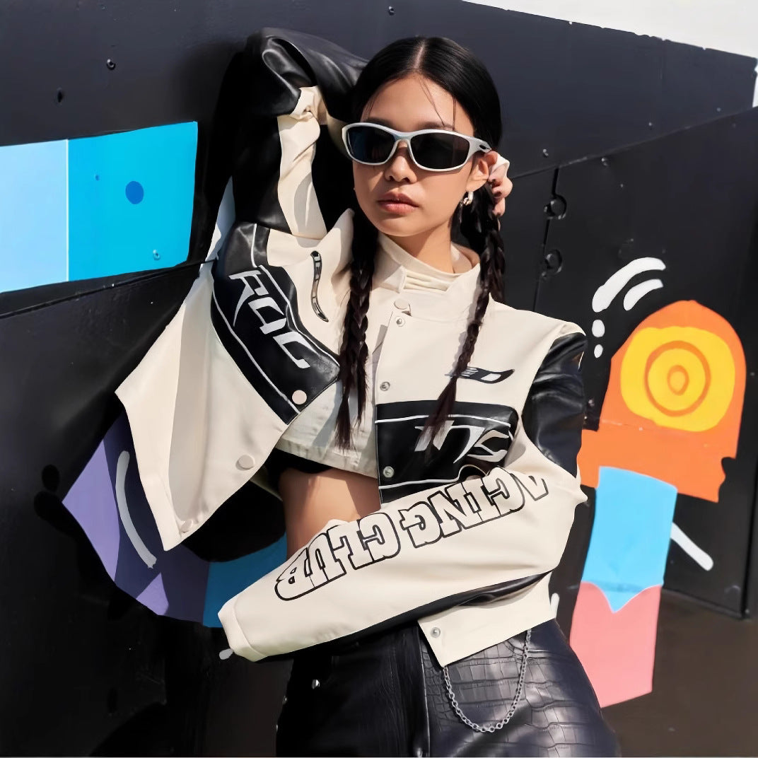 Damen cropped Bikerjacke mit einzigartigen Grafikdetails EB