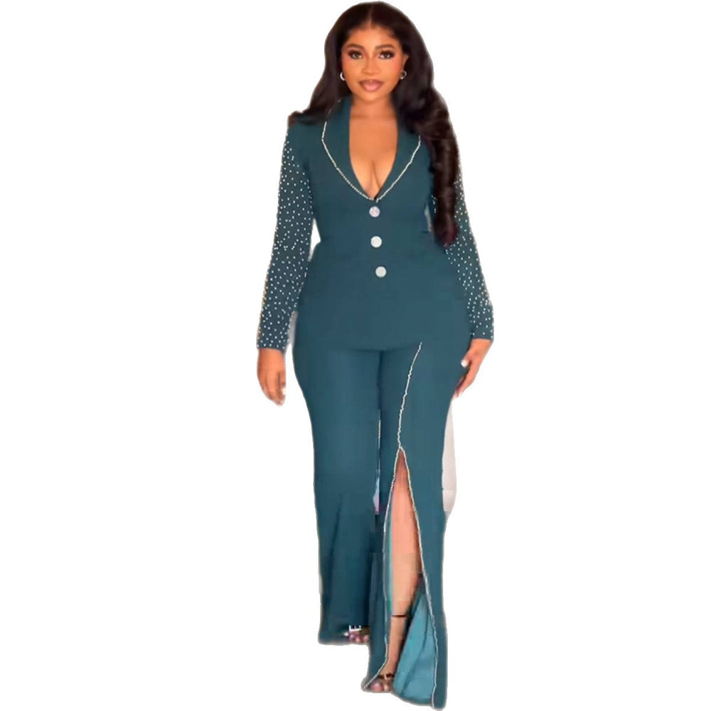 Damen Eleganter Anzug mit schimmernden Perlen und modernem Schlitz EB