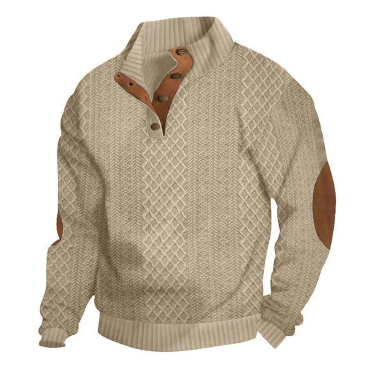 Herren nan gehobener Strickpullover mit Rautenmuster, hohem Rippkragen, knöpfbarer Latzleiste und Lederbesatz an Ellenbogen EB