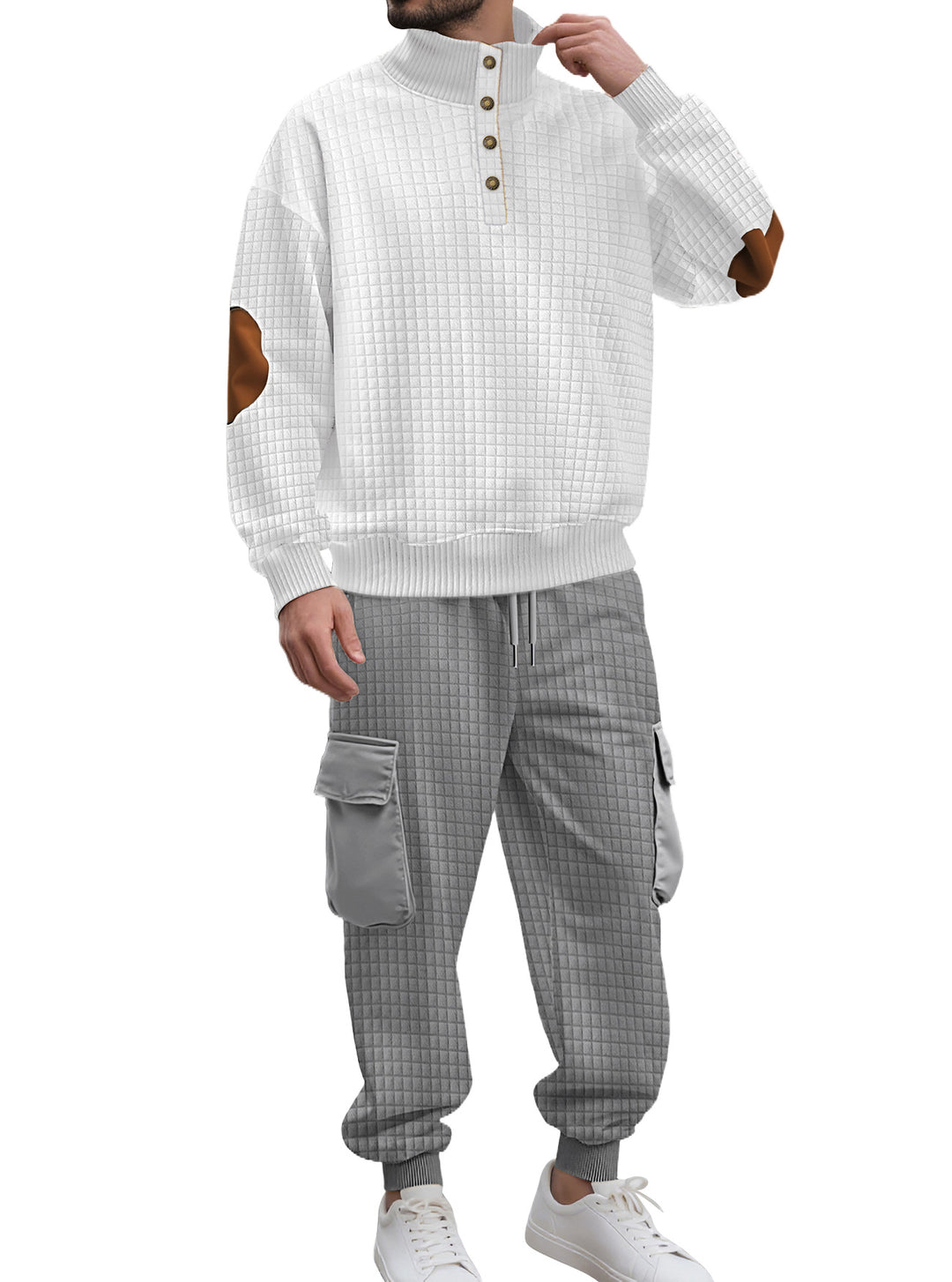 Herren nan Karo-Relief-Sweatset mit Stehkragen-Knopfleiste, Velours-Ellenbogenpatches und Cargo-Jogger EB