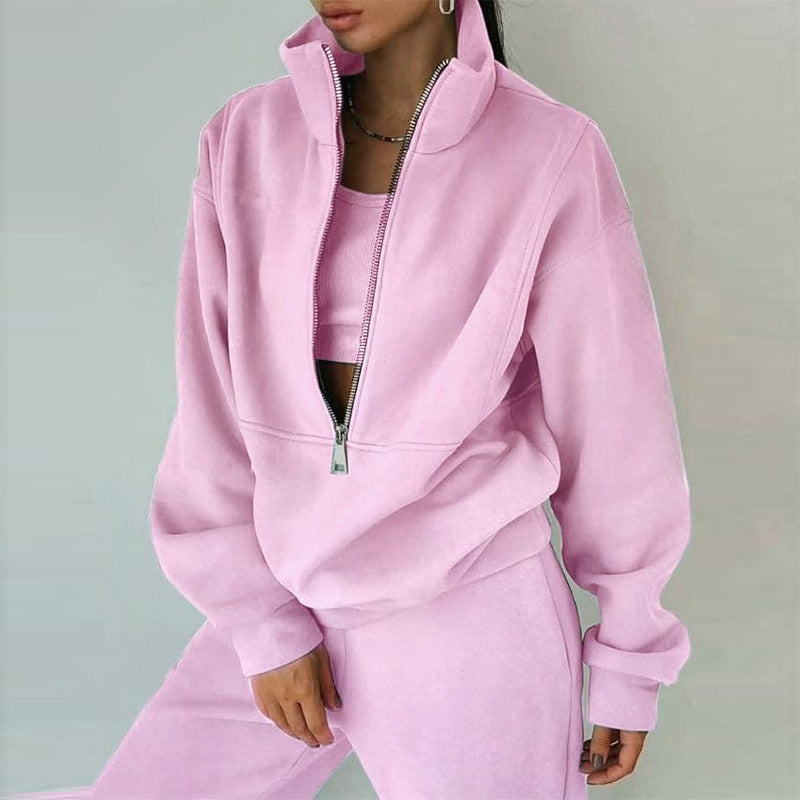 Damen nan Oversize Halbzip-Sweatshirt mit hohem Stehkragen und verdeckter Kängurutasche EB
