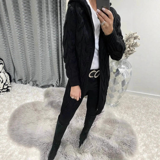Damen Grobstrick-Cardigan mit Kapuze und Zopfmuster EB