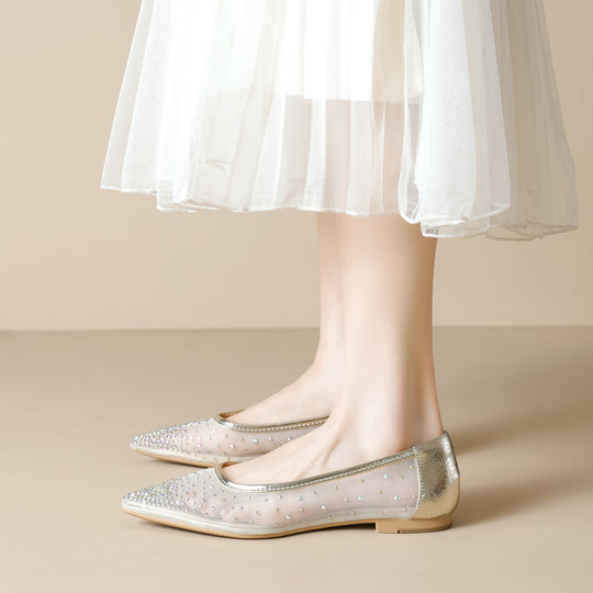 Damen elegante Ballerinas mit schimmernden Strassdetails und transparentem Obermaterial EB