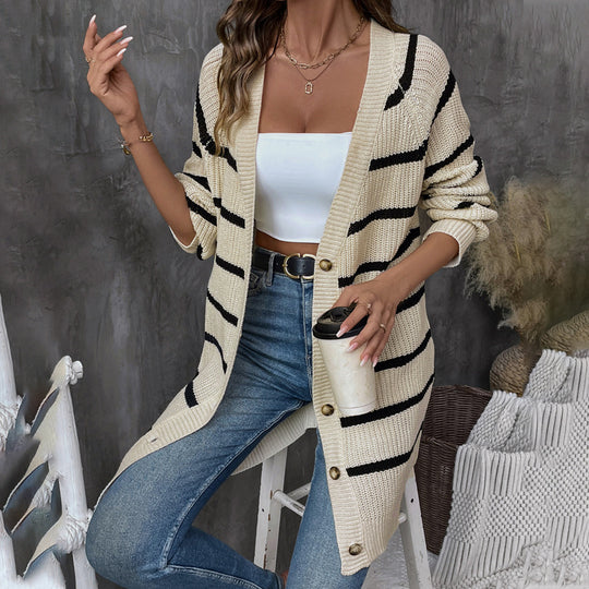 Damen Offene Strickjacke mit Streifenmuster EB