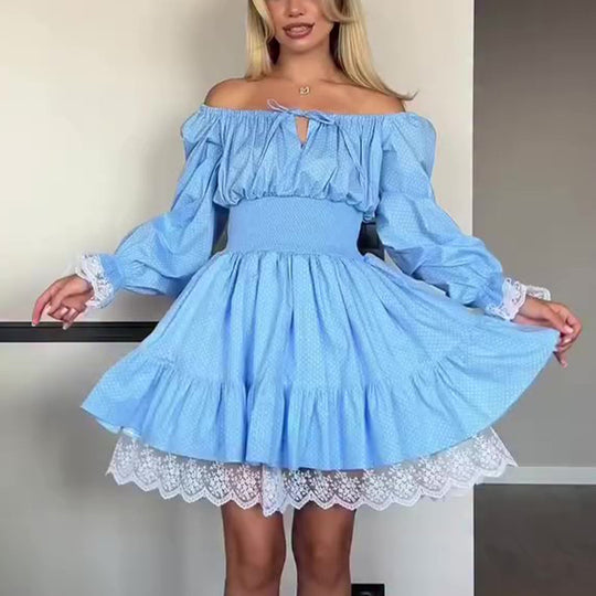 Damen Off-Shoulder Kleid mit voluminösen Rüschendetails und Spitzenbesatz EB