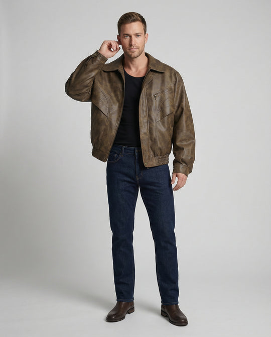Herren vintage-inspirierter Pilotenblouson aus Lederimitat mit Ziernähten und elastischem Bund EB
