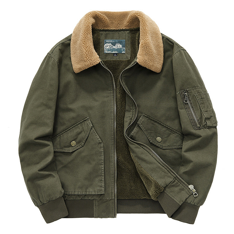 Men's  sherpa-lined cotton canvas aviator jacket with zip sleeve pocket EB