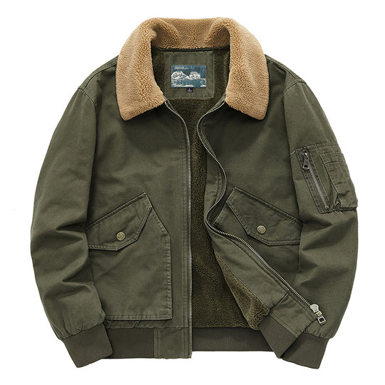 Men's  sherpa-lined cotton canvas aviator jacket with zip sleeve pocket EB