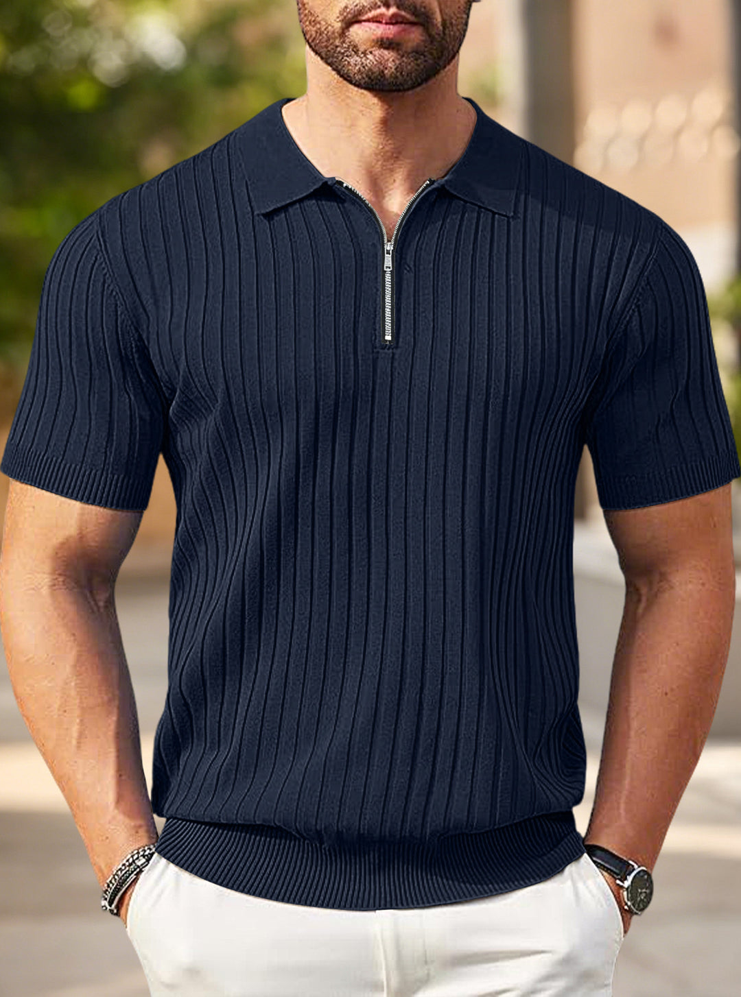 Herren nan elegantes strukturiertes Kurzarm-Strickpolo mit kurzem Metallreißverschluss und Hemdkragen EB