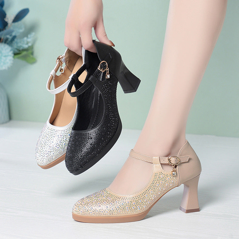 Damen Hochwertige Pumps mit funkelndem Strassbesatz und elegantem Riemen EB