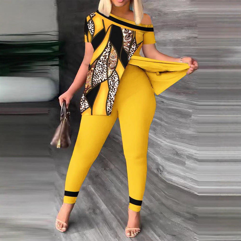 Damen modernes und elegantes Set mit asymmetrischem Oberteil und figurbetonten Hosen EB