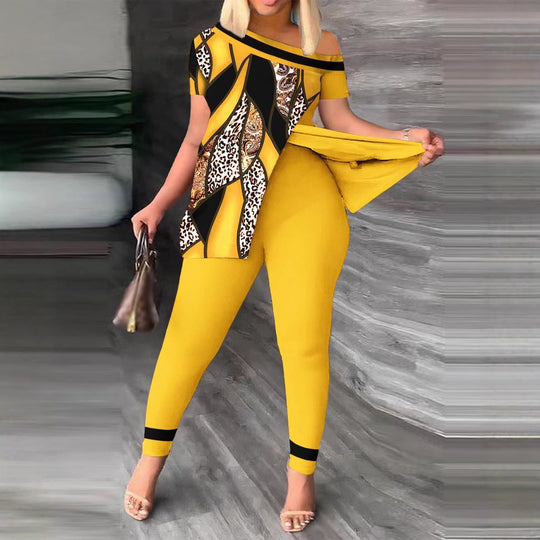 Damen modernes und elegantes Set mit asymmetrischem Oberteil und figurbetonten Hosen EB