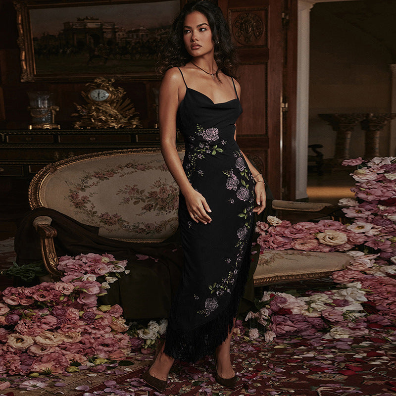 Damen elegantes Hochzeitskleid mit Blumenapplikationen und Fransen EB