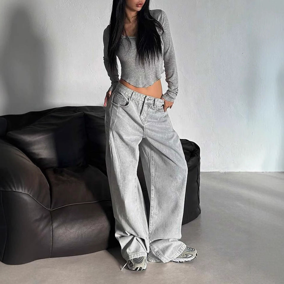Damen Weite Jeans im lässigen Urban-Style mit hohem Bund und markanten Nähten EB