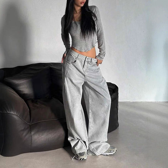 Damen Weite Jeans im lässigen Urban-Style mit hohem Bund und markanten Nähten EB