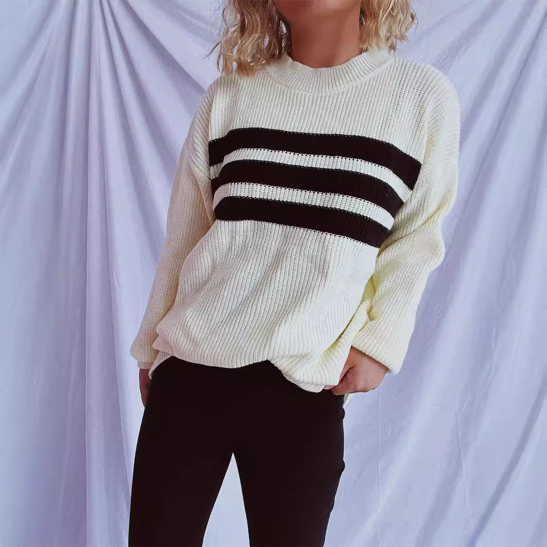 Damen lässiger Strickpullover mit modischen Streifen EB