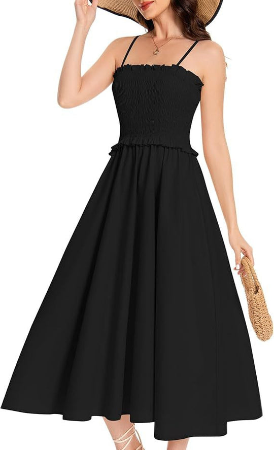 Damen Midi-Kleid mit elastischem Oberteil und weiten Rock EB