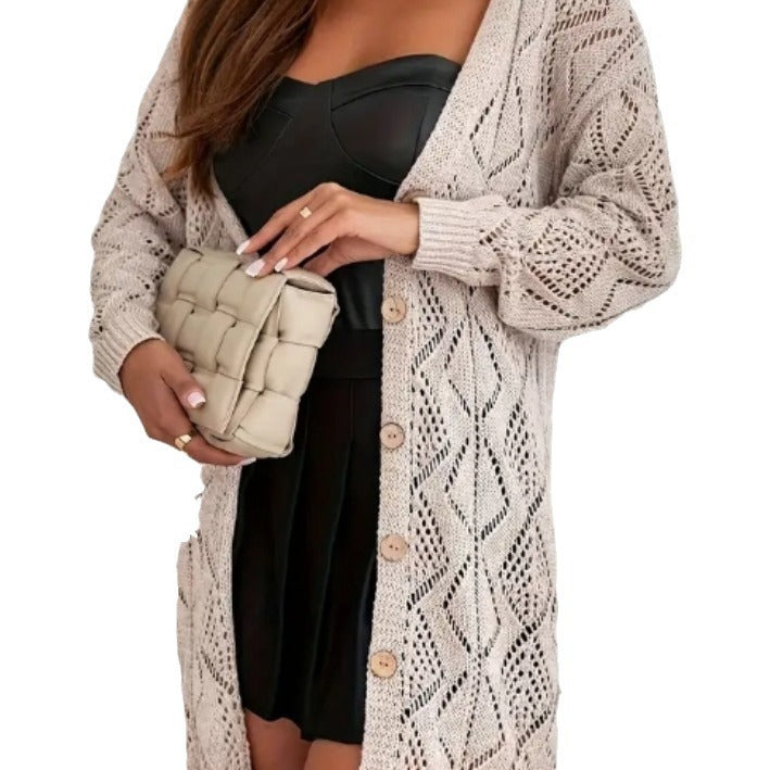 Damen Strickjacke mit kunstvollem Lochmuster und Knopf-Detail EB