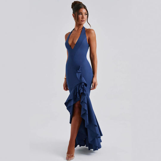 Damen Hochgeschlossenes Maxikleid mit Rüschen und tiefem V-Ausschnitt EB