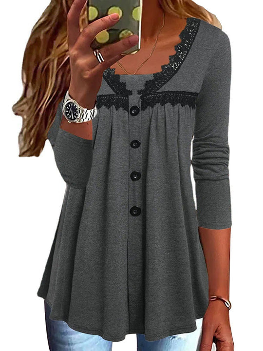 Damen A-Linien Tunika-Shirt mit Knopfleiste, Spitzen‑Yokebesatz und geraffter Empire‑Naht EB