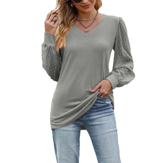 Damen elegantes V-Ausschnitt Oberteil mit Puffärmeln EB